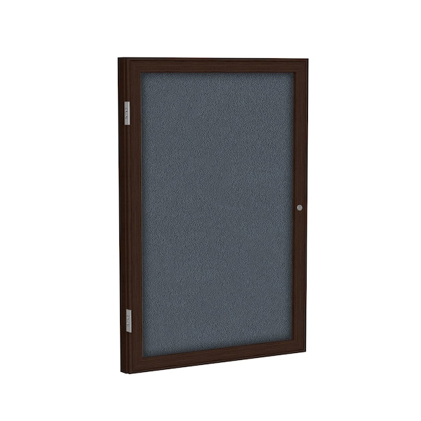 Enclosed Bulletin Board, 1 Door, Fabric, Walnut Frame, 2 ft H x 18 in W, Gray
